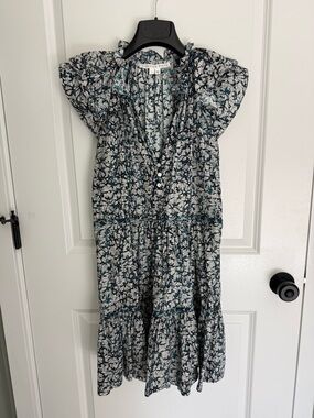 Veronica Beard Teal & White Tiered Floral Midi Dress